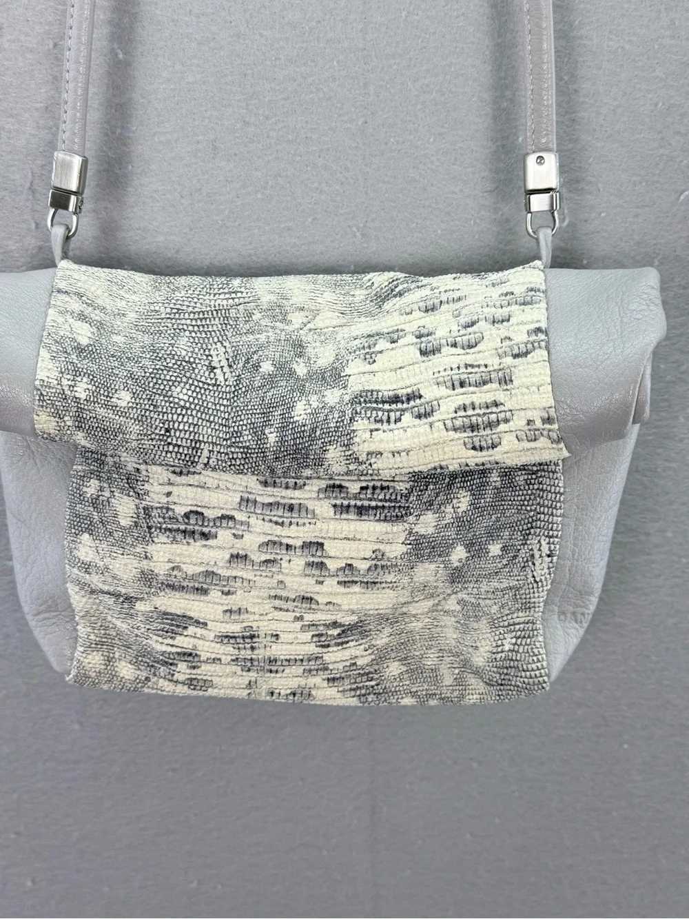 Daniella Lehavi women’s mini Roll top leather Crossbody bag grey snakeskin purse
